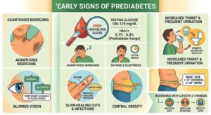 Early signs of prediabetes including elevated blood sugar, insulin resistance, increased thirst, fatigue, and frequent urination.