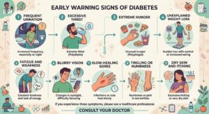Person experiencing frequent urination and increased thirst, common early symptoms of diabetes.