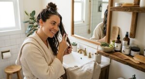 Gentle hair washing, natural drying, and proper hair care routine to reduce hair fall.