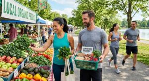 Healthy blood sugar lifestyle with balanced nutrition, whole foods, regular exercise, weight management, and healthy daily habits.