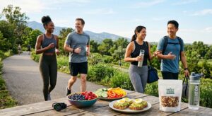 Healthy blood sugar lifestyle with balanced nutrition, regular exercise, weight management, and diabetes-friendly foods.