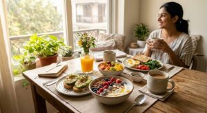 Healthy breakfast with eggs, fruits, oats, and whole grains for sustained energy.