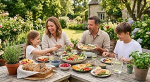 Balanced meal with superfoods including vegetables, fruits, salmon, oats, nuts, and healthy foods.