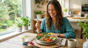 Green tea, healthy foods, and balanced nutrition supporting liver health and body detox.