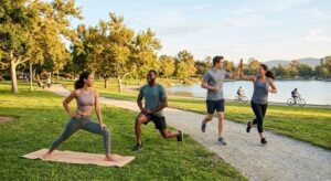 Healthy meals with lean protein, vegetables, fruits, and whole grains to support home fitness.
