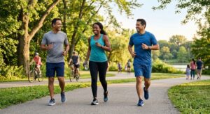 Healthy lifestyle with walking, balanced diet, hydration, and blood sugar control.