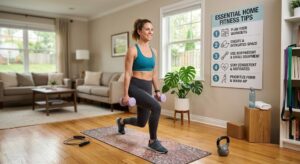 Healthy daily habits including home workouts, walking, stretching, hydration, and balanced nutrition.