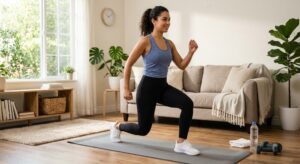 Beginner home workout circuit with squats, push-ups, lunges, planks, and jumping jacks.