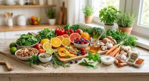 Greek yogurt, fermented foods, and fiber-rich foods supporting gut health and immunity.