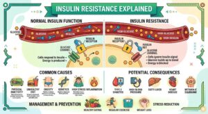 Insulin resistance explained with excess abdominal fat, reduced insulin sensitivity, and elevated blood sugar levels.