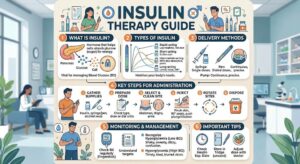 Insulin therapy guide showing insulin injection, blood glucose monitoring, carbohydrate counting, and healthy diabetes management.