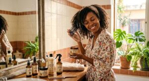 Natural scalp massage with coconut oil promoting healthy scalp and stronger hair roots.