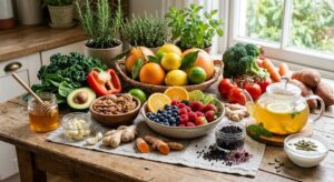 Healthy foods including citrus fruits, garlic, ginger, leafy greens, berries, yogurt, and nuts for natural immune support.