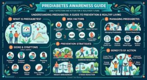 Prediabetes awareness guide highlighting common symptoms, early detection, insulin resistance, and healthy blood sugar management.
