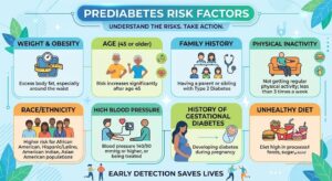 Prediabetes risk factors including excess body weight, family history, physical inactivity, high blood pressure, and unhealthy eating habits.