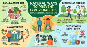 Prevent Type 2 diabetes naturally through healthy eating, regular physical activity, maintaining a healthy weight, and routine health checkups.