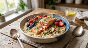 Salmon, walnuts, oats, and berries providing omega-3 fatty acids and heart-friendly nutrition.