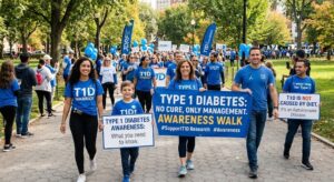 Type 1 diabetes awareness promoting early diagnosis, insulin treatment, blood sugar monitoring, and healthy lifestyle habits.