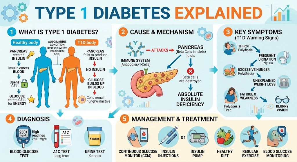 Type 1 diabetes explained with insulin therapy, blood glucose monitoring, healthy nutrition, and blood sugar management.
