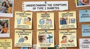 Common Type 1 diabetes symptoms including frequent urination, excessive thirst, unexplained weight loss, fatigue, and blurred vision.