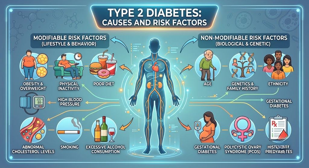 Type 2 diabetes causes and risk factors including insulin resistance, excess body weight, unhealthy diet, and physical inactivity.