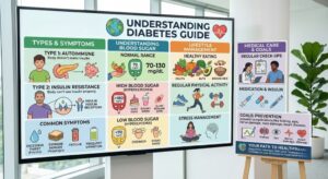 Understanding diabetes with insulin function, blood sugar regulation, and glucose metabolism illustration.