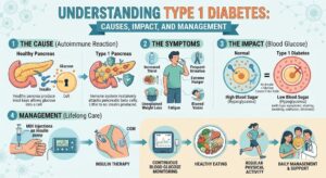 Understanding Type 1 diabetes with autoimmune damage to pancreatic beta cells, insulin deficiency, and blood glucose regulation.
