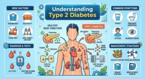 Understanding Type 2 diabetes with insulin resistance, blood glucose regulation, pancreatic function, and healthy lifestyle choices.