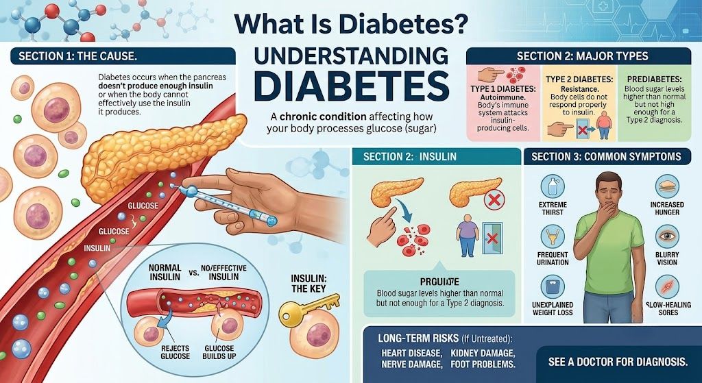 What is diabetes explained with a blood glucose meter, healthy foods, insulin concept, and blood sugar monitoring.