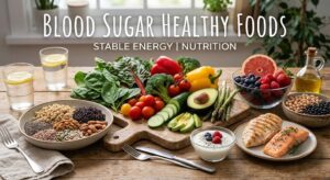 Blood sugar healthy foods including vegetables, whole grains, lean proteins, healthy fats, berries, and fiber-rich foods for diabetes management.