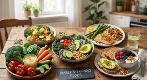 Diabetes-friendly foods including spinach, broccoli, salmon, beans, berries, Greek yogurt, nuts, seeds, and avocados.