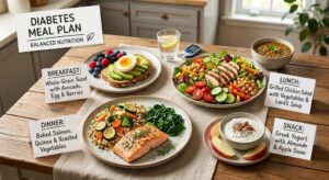Diabetes meal plan featuring healthy portion sizes, balanced meals, whole foods, and limited sugary and processed foods.