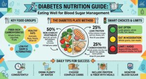 Diabetes nutrition guide promoting whole foods, high-fiber meals, healthy fats, lean proteins, and smart carbohydrate choices.