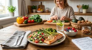 Healthy blood sugar diet with high-fiber foods, balanced nutrition, whole grains, vegetables, and lean proteins for diabetes management.